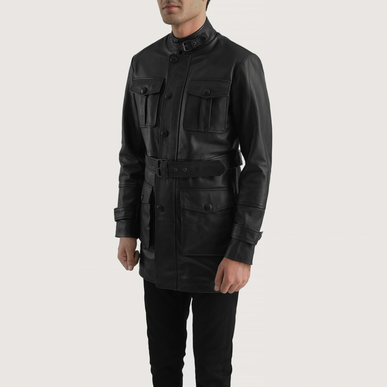 Mens Dolf Black Leather Jacket Side Pose-3-1700487615378